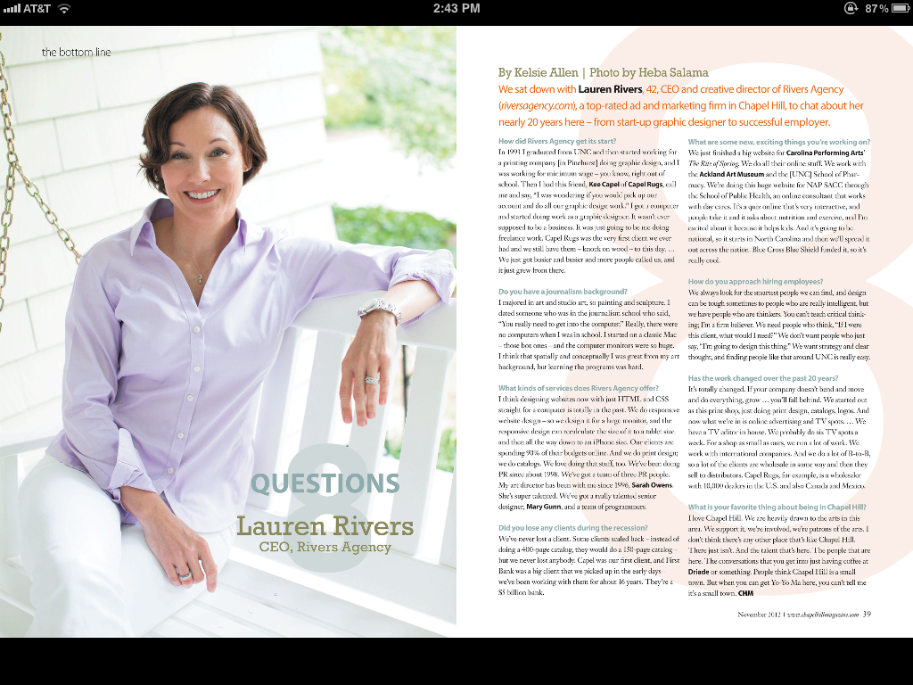 Lauren Rivers in Chapel Hill Magazine's 8 Questions feature